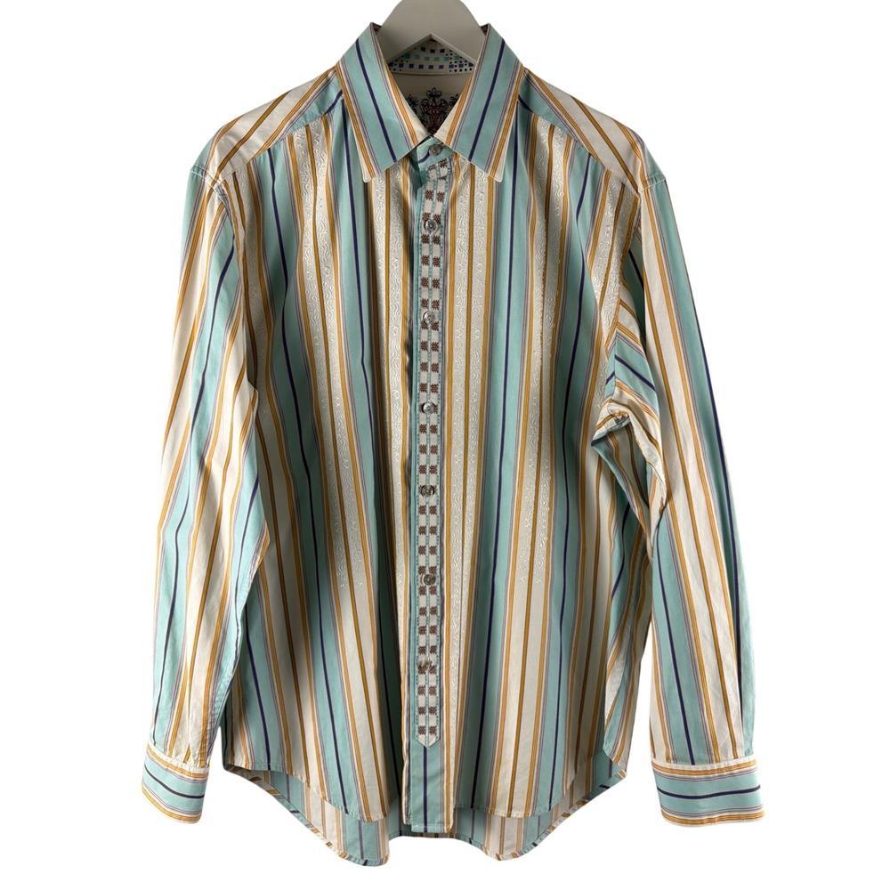 Robert Graham Mens Teal Orange Striped Embroidered Button Down Shirt Large